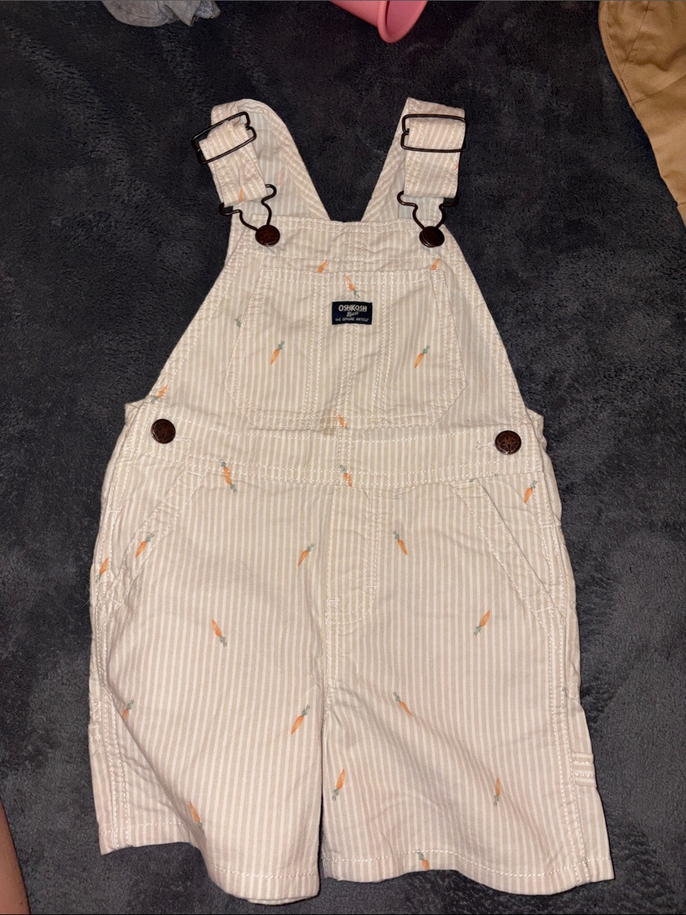 OshKosh B'gosh Cream Stripe Overalls with Carrot Embroidery